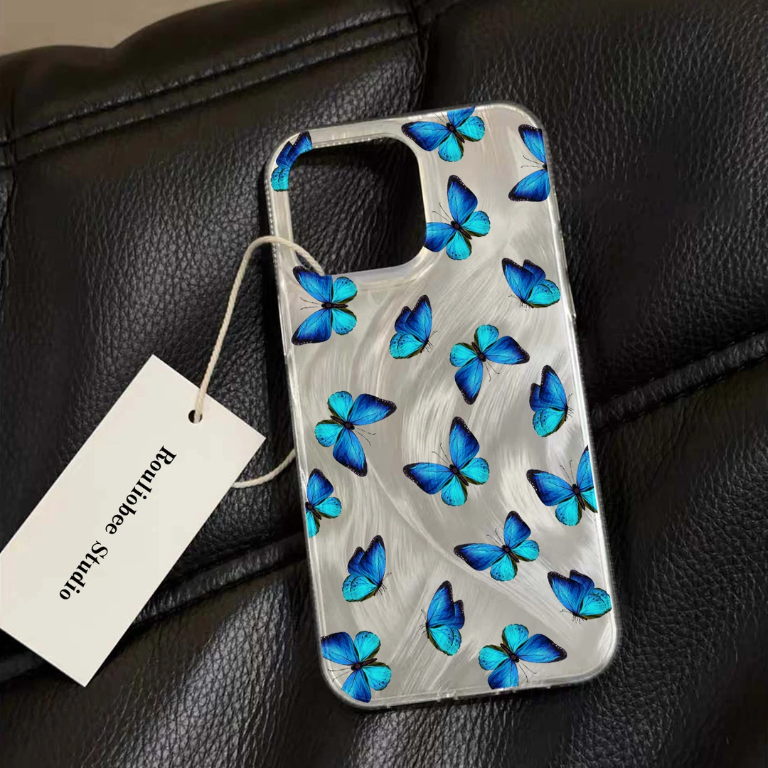 古墨蓝蝴蝶羽纱适用苹果15promax手机壳iphone13/14女款12/11个性