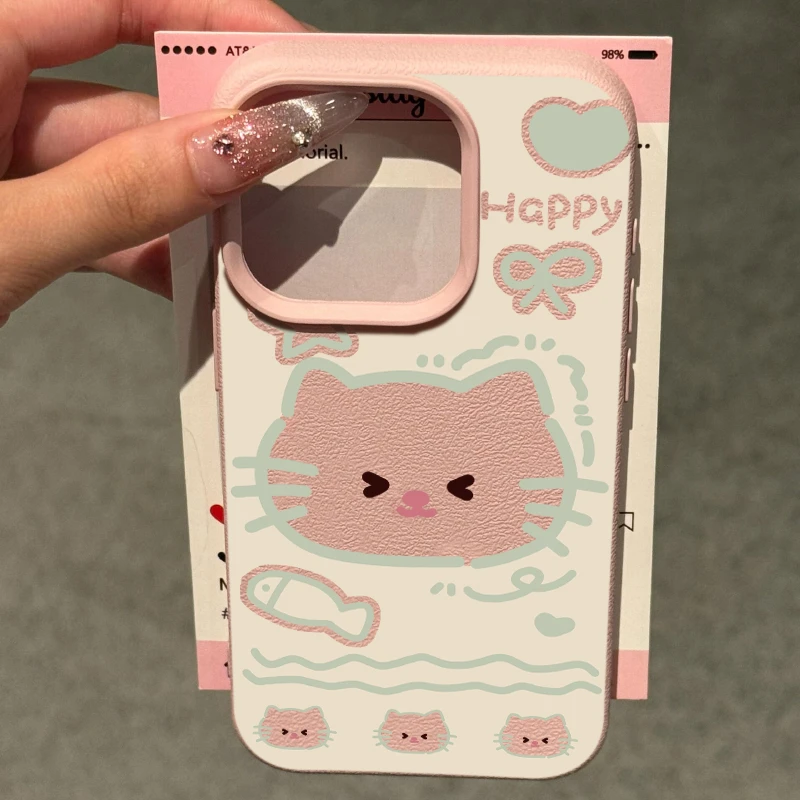 欧克里里镂空happy猫咪荔枝纹适用iphone15/16苹果12/13/14手机壳