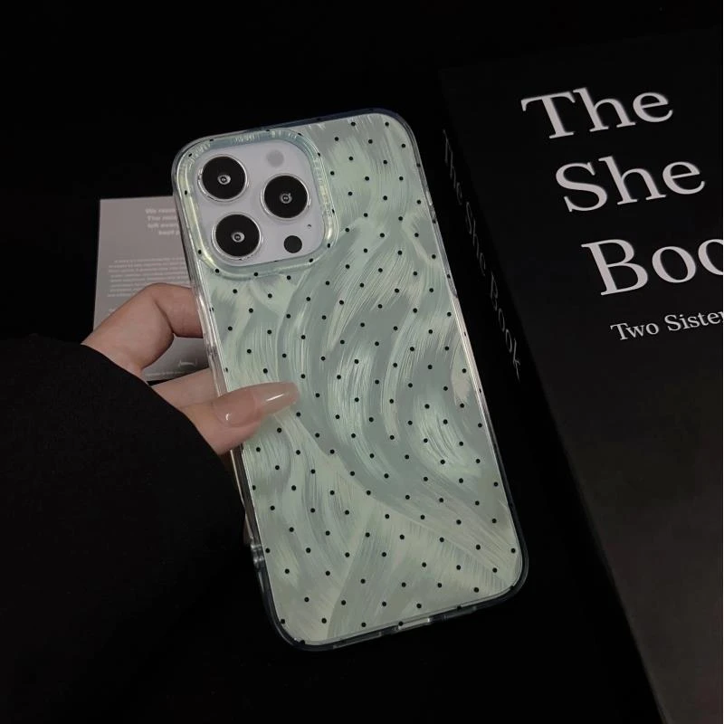 ins羽纱薄荷绿波点适用苹果15手机壳iphone14华为OPPO小米vivo套