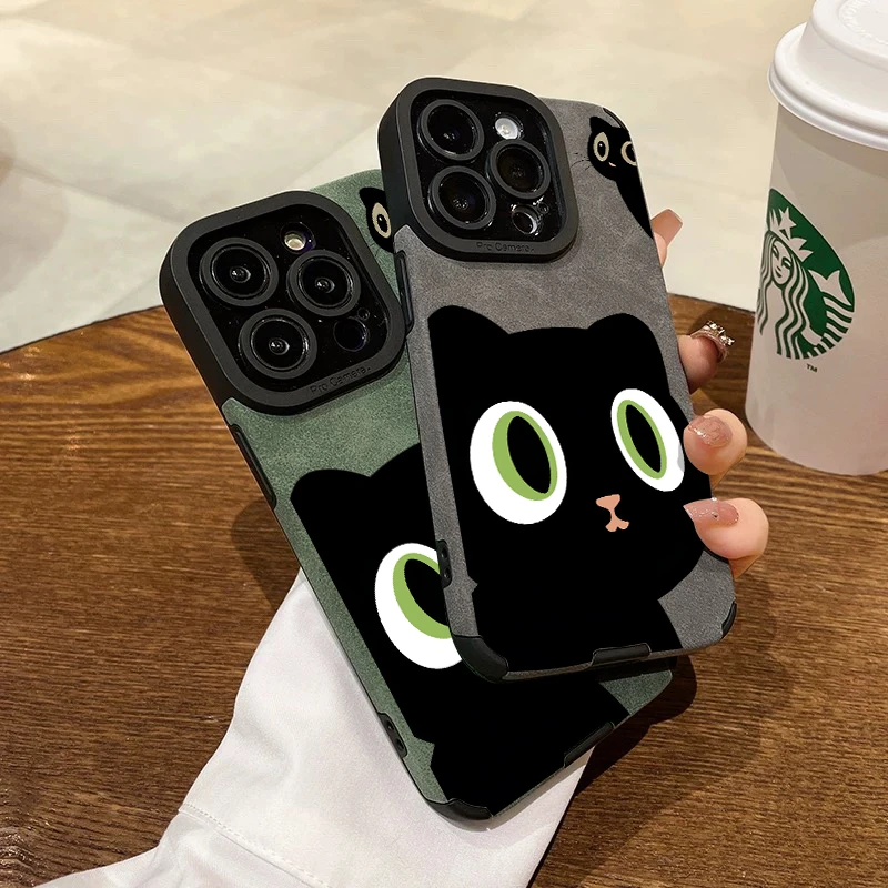 欧克里里大眼黑猫适用苹果16手机壳iphone15/14磨砂毛皮13/12/11