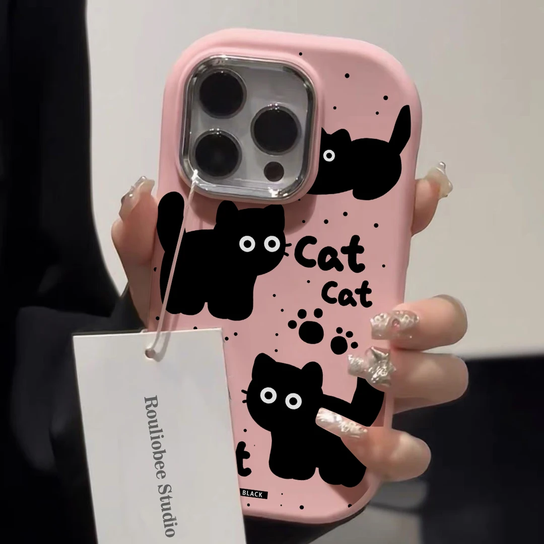 ins小黑猫适用苹果13ProMax卡通手机壳iPhone15/14pro金属框xr/xs