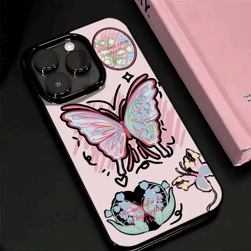 欧克里里粉涂鸦蝴蝶适用大孔iPhone15/14手机壳苹果13/12趣味xrxs