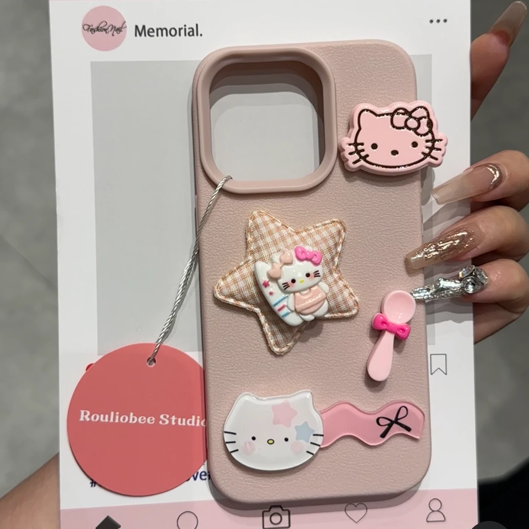 欧克里里星星立体凯蒂荔枝纹适用苹果15手机壳iphone13/14promax