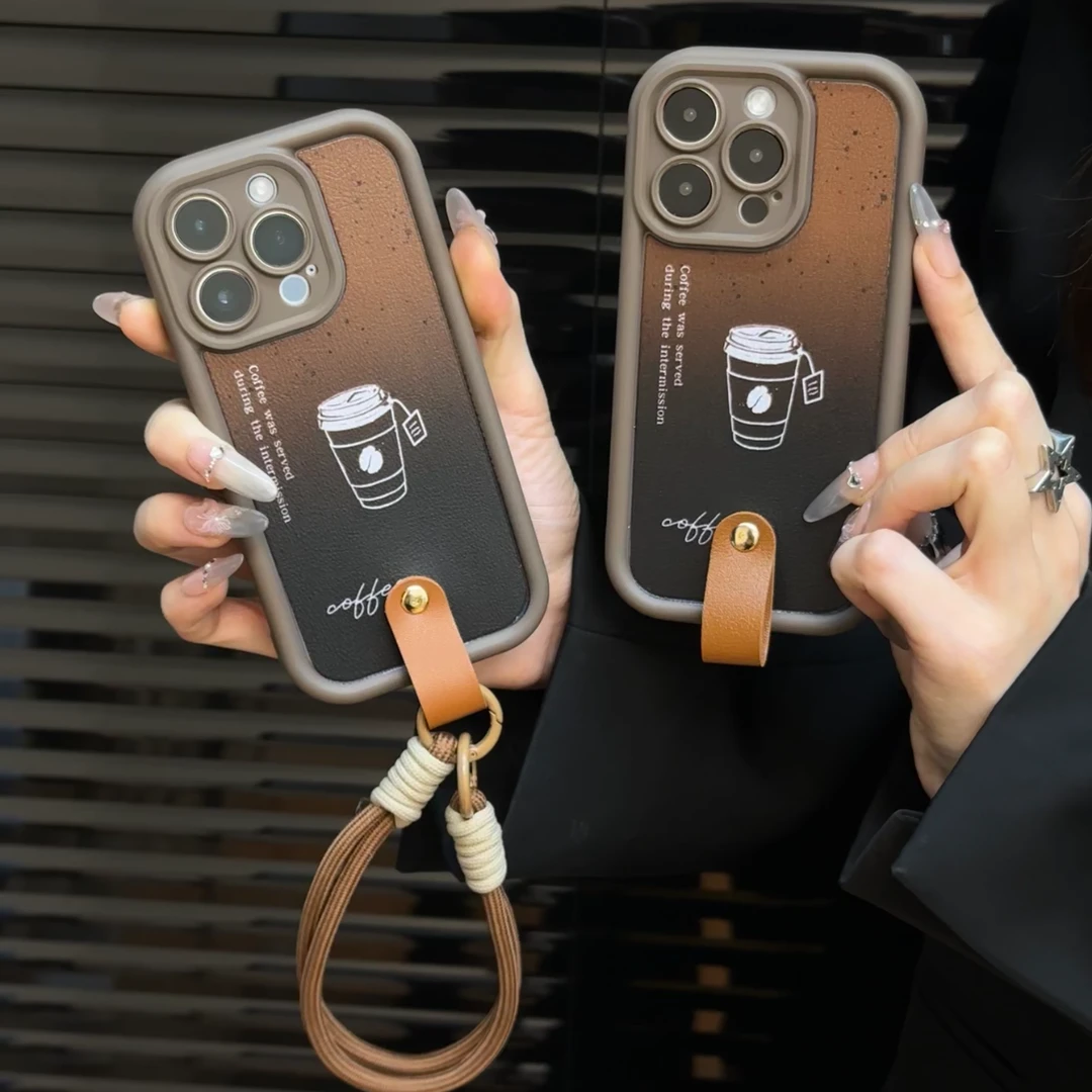 欧克里里墨点美式咖啡适用苹果16挂绳手机壳精孔华为vivo小米oppo