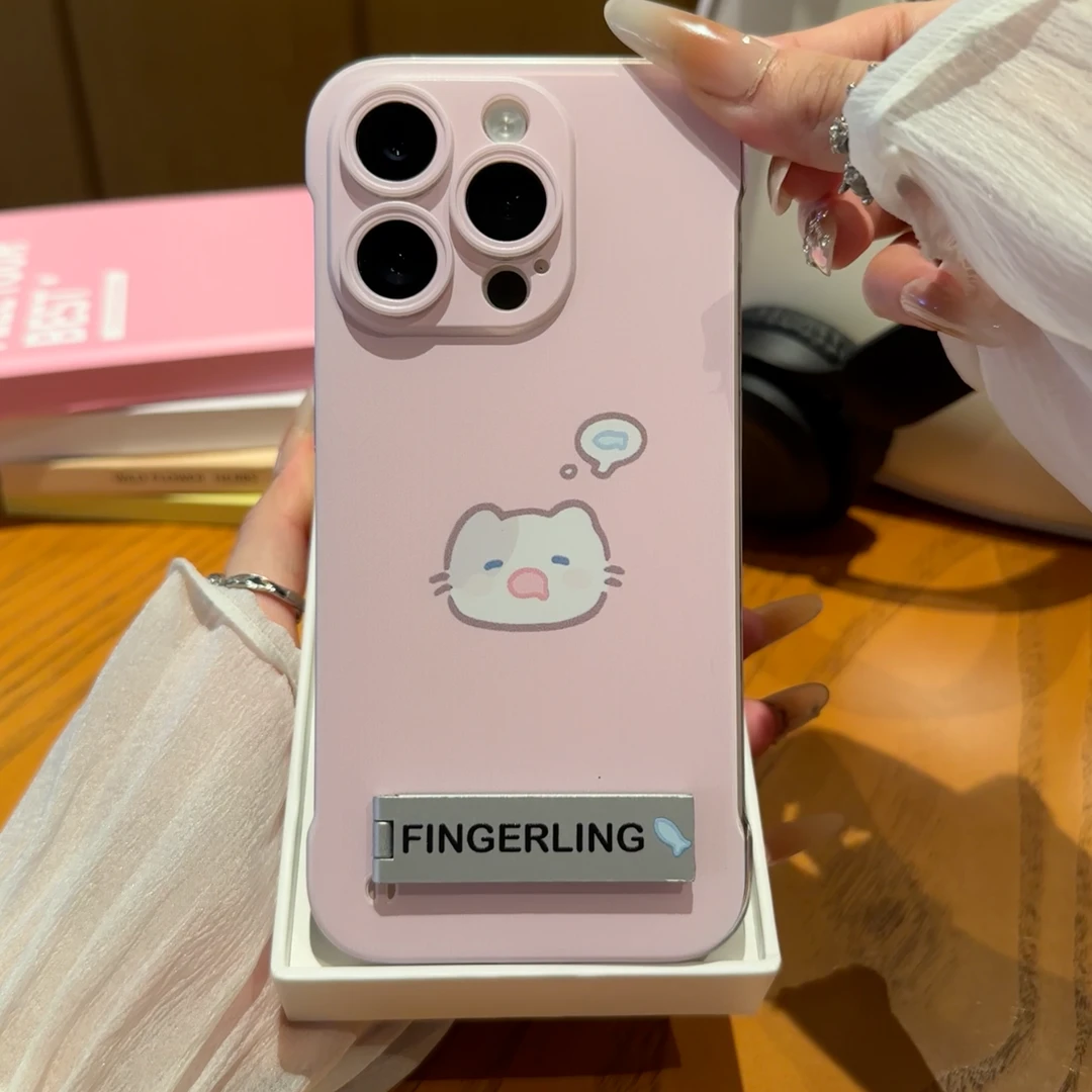 欧克里里可爱猫咪支架适用苹果16无边框手机壳华为vivo小米14oppo