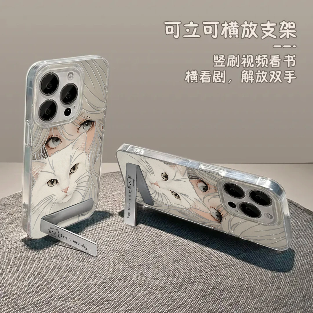 欧克里里白猫银发女孩金属支架羽纱壳适用苹果15华为vivo小米oppo