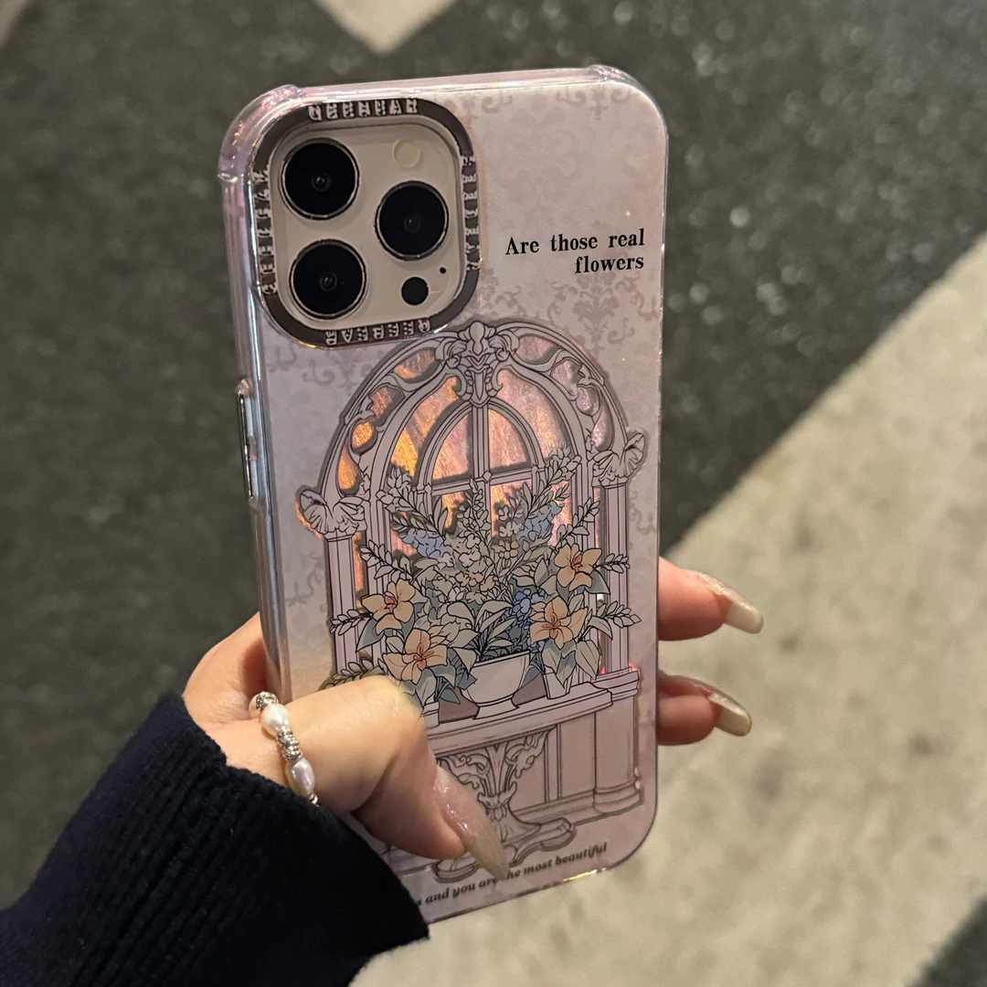 趣味鲜花窗台金属羽纱适用苹果15promax手机壳iphone13/14女12/11