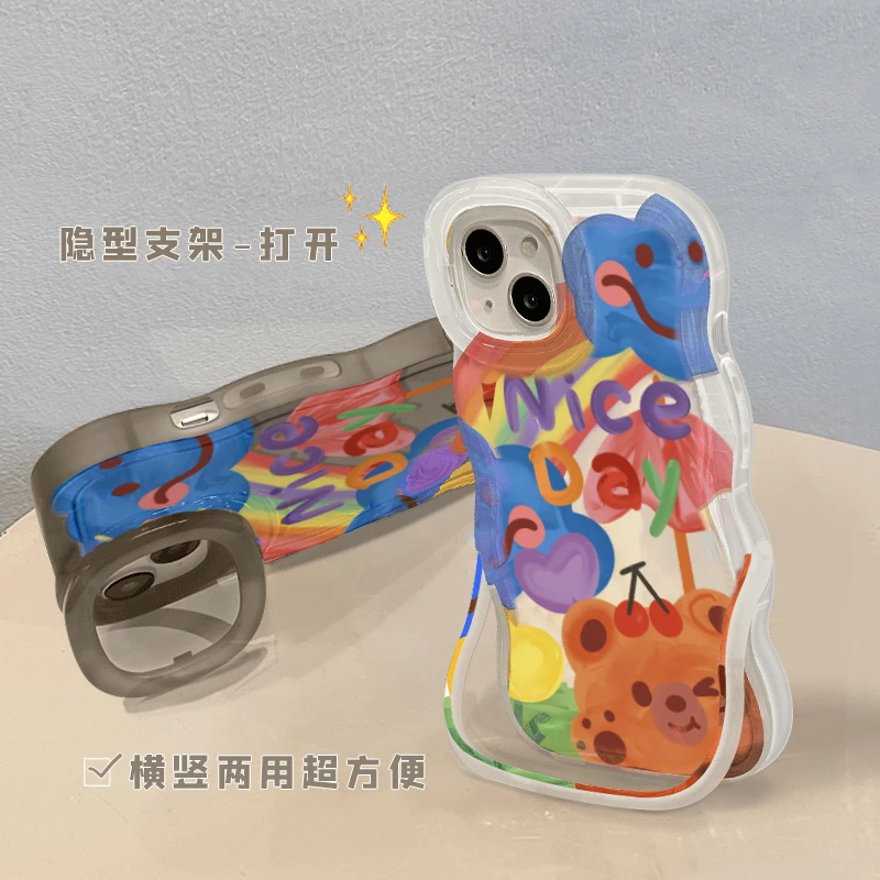 欧克里里涂鸦彩虹熊板凳双支架苹果14/13/12情侣iPhone15手机壳11