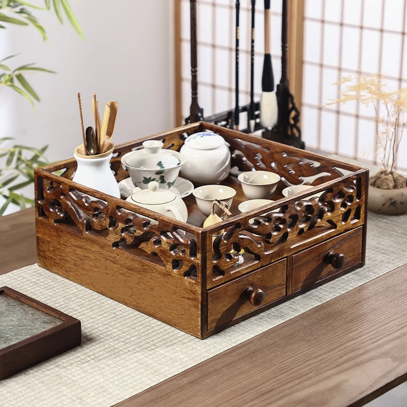 异丽柚木都承盘茶杯置物架茶具收纳柜普洱茶砖茶饼抽屉式收纳盒
