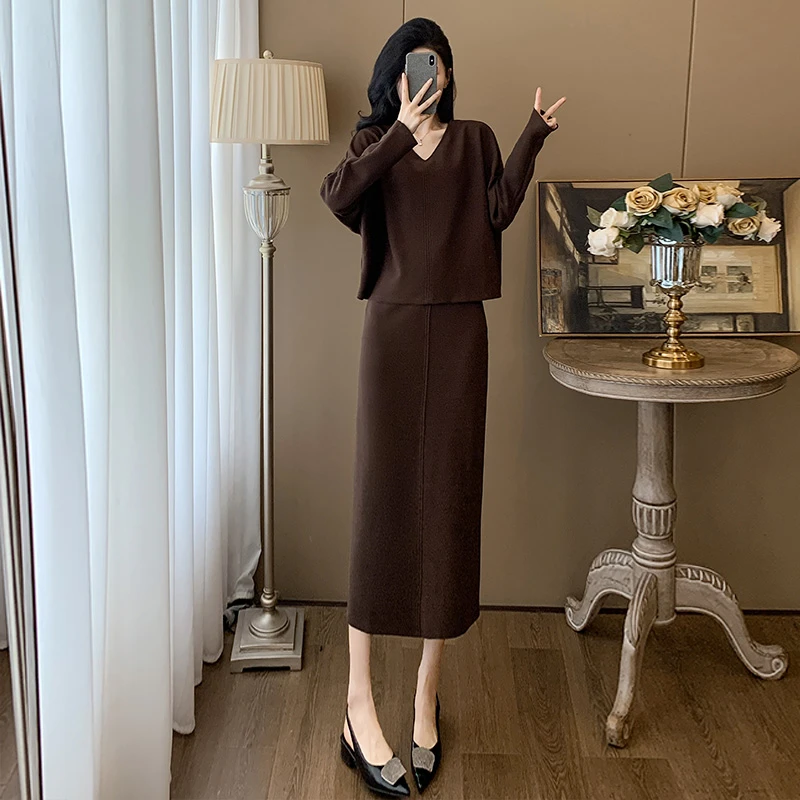 美德拉穿搭高级感时尚套装女春秋V领长袖上衣半身裙长裙两件套装