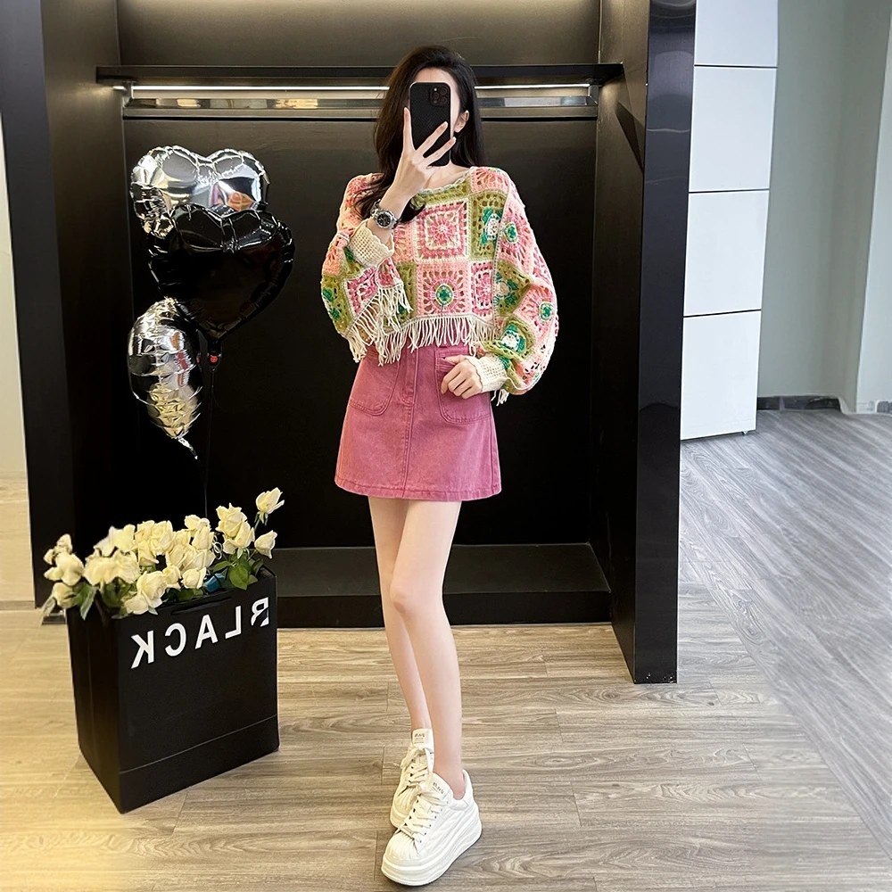 多巴胺蝙蝠袖镂空针织衫时尚休闲套装裙春季牛仔半身裙短裙两件套