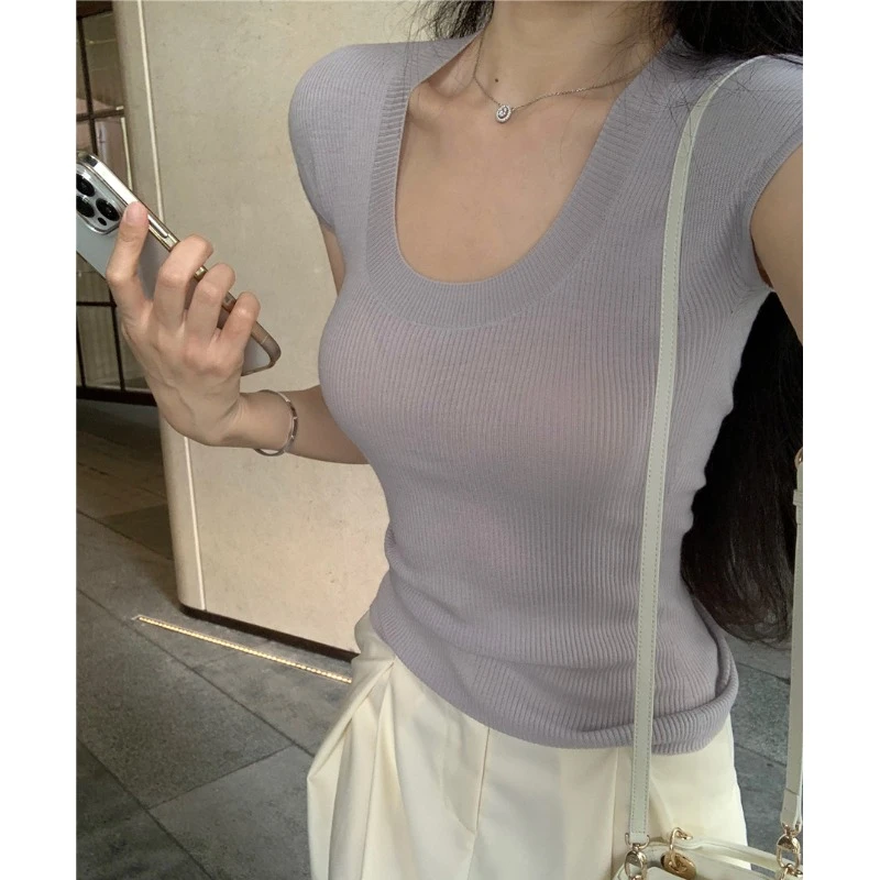 辣妹紫色大领口u领冰丝针织短袖t恤女夏季薄款纯欲风修身短款上衣