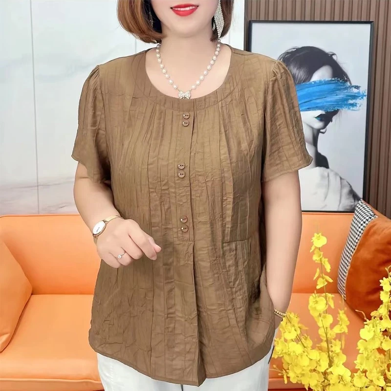 2023夏季新款时尚百搭宽松圆领洋气小衫遮肚减龄时尚妈妈装薄款