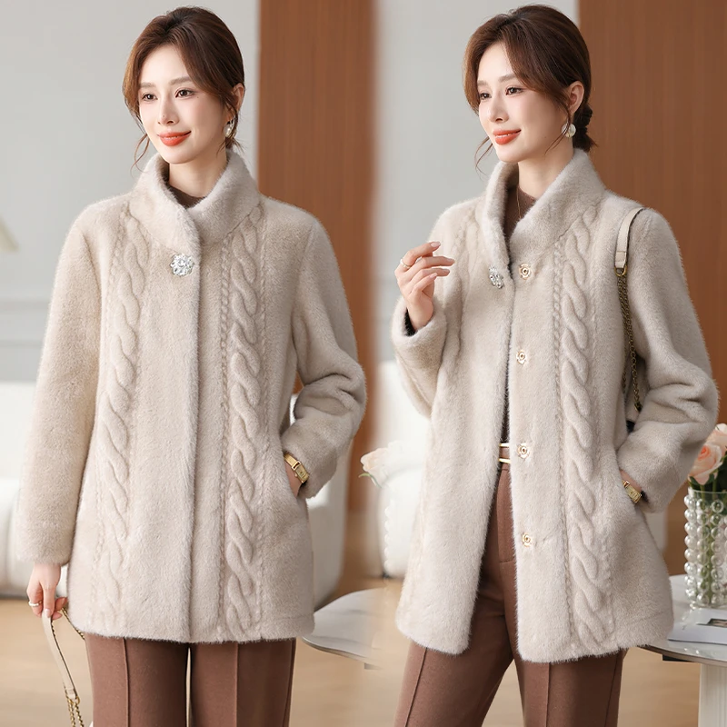 M-3XL2024秋冬新款妈妈大衣水貂绒外套中年女装皮毛一体aa5381