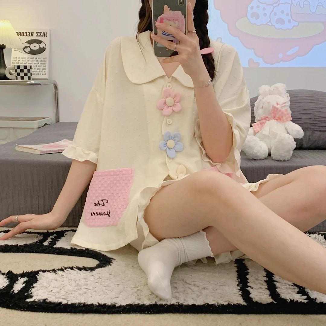 夏季睡衣女短袖休闲韩版短裤甜美宽松家居服翻领精梳棉套装可外穿