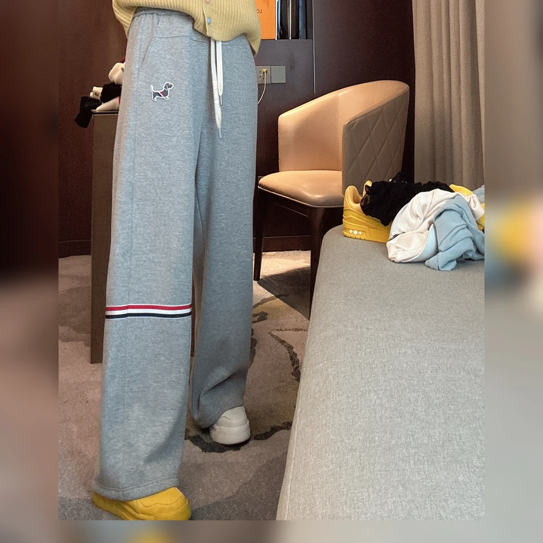 雪姐服饰「织带加绒阔腿裤」显瘦简约加绒织带宽松小狗休闲百搭裤