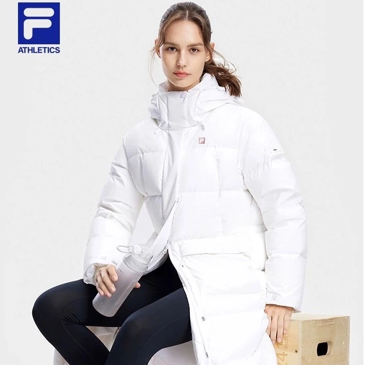 斐乐女士中长款鹅绒羽绒服冬季新款简约运动连帽上衣A11W341913F