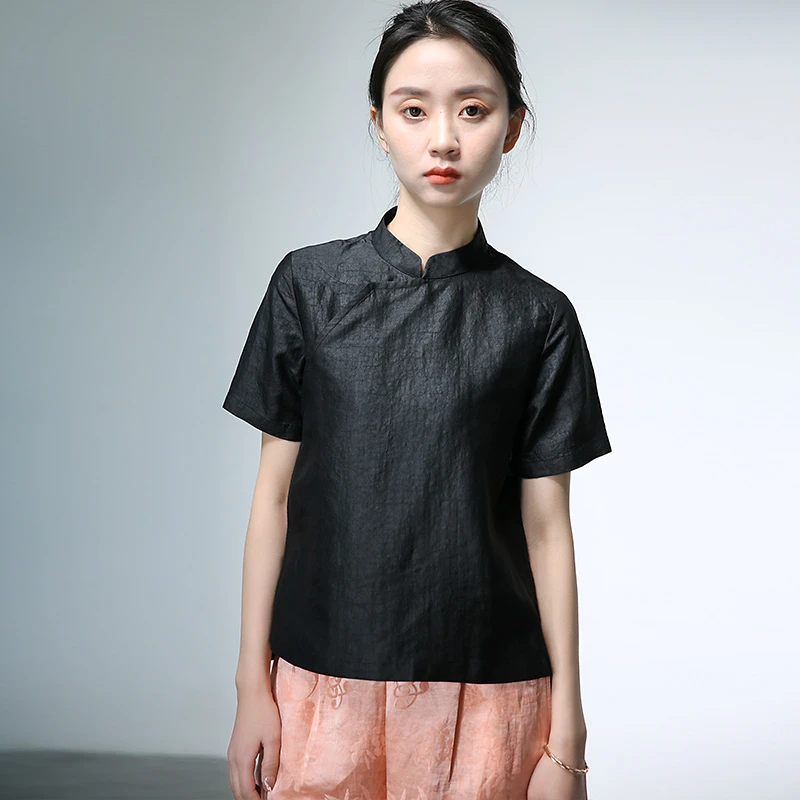 6352新中式真丝龟裂纹香云纱极简改良中短袖斜襟旗袍立领上衣女