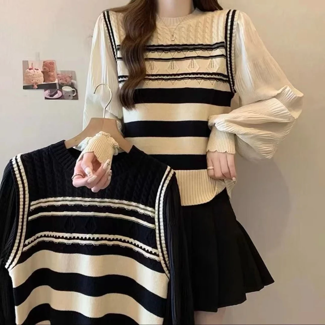 （1069）秋季大码100-200斤条纹圆领假两件拼接针织衫女纱袖上衣
