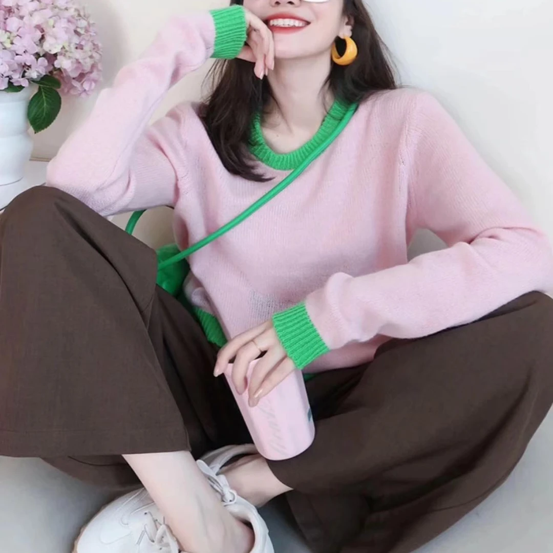撞色毛衫针织衫上衣秋冬小香风短裤甜美温柔风软糯粉色百搭毛衣