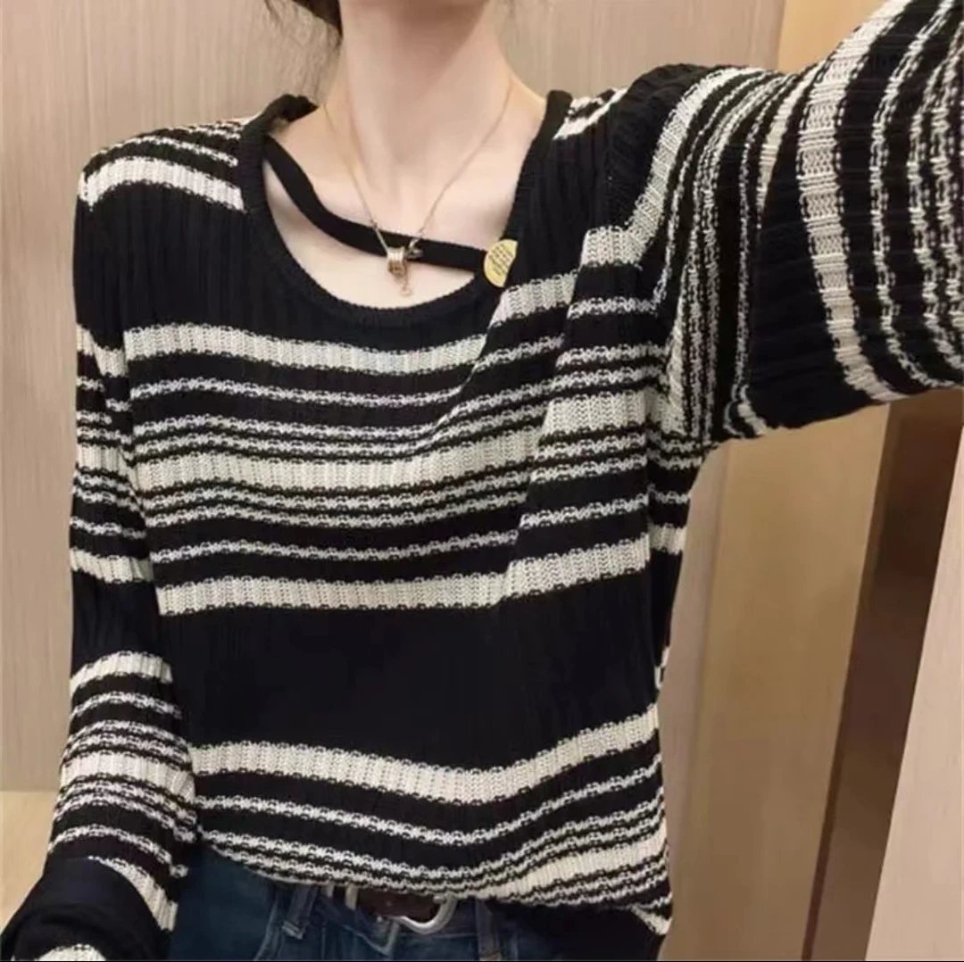 （1006）微胖MM韩版大码女装秋冬新款宽松圆领条纹柔软针织衫女