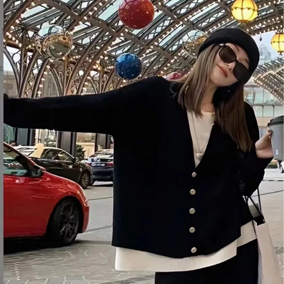 （1051）2024秋季新款大码宽松显瘦遮肉假两件针织毛衣慵懒风上衣女