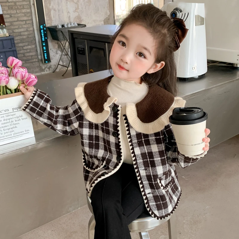 女童秋装外套2023新款儿童秋季时髦洋气千鸟格子呢大衣女宝宝秋款