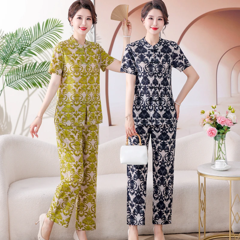夏季妈妈装洋气两件套短袖中老年宽松薄款休闲套装洋气减龄套装女