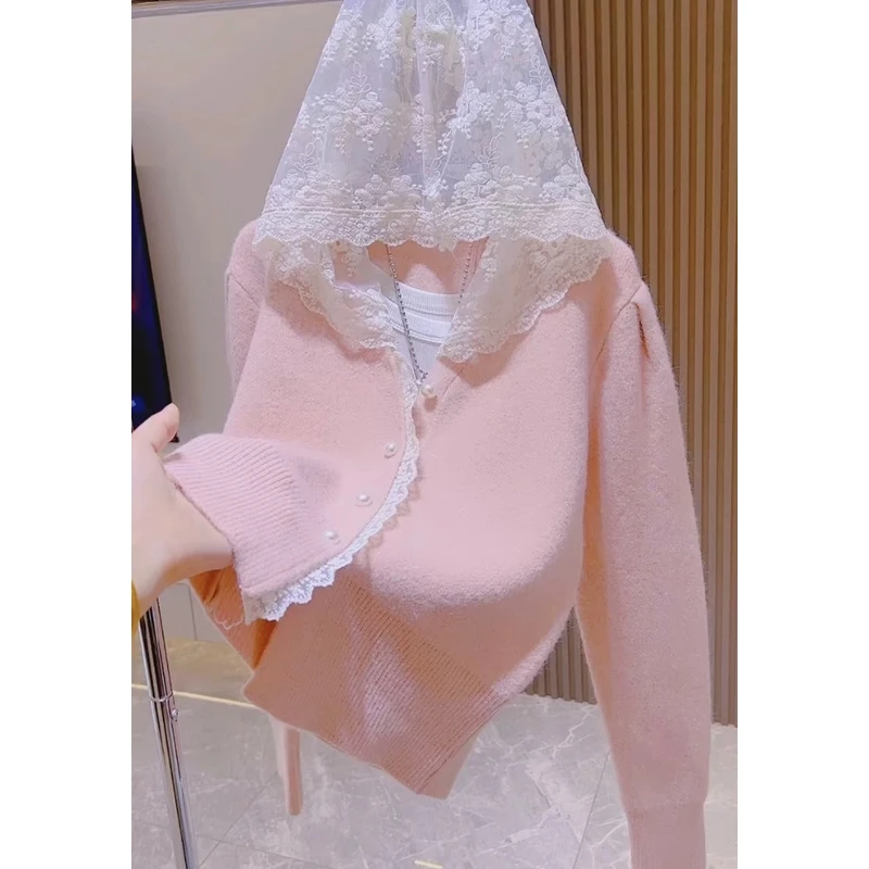 红人上新拼接蕾丝V领花边连帽开衫毛衣女2024秋冬新甜美针织开衫