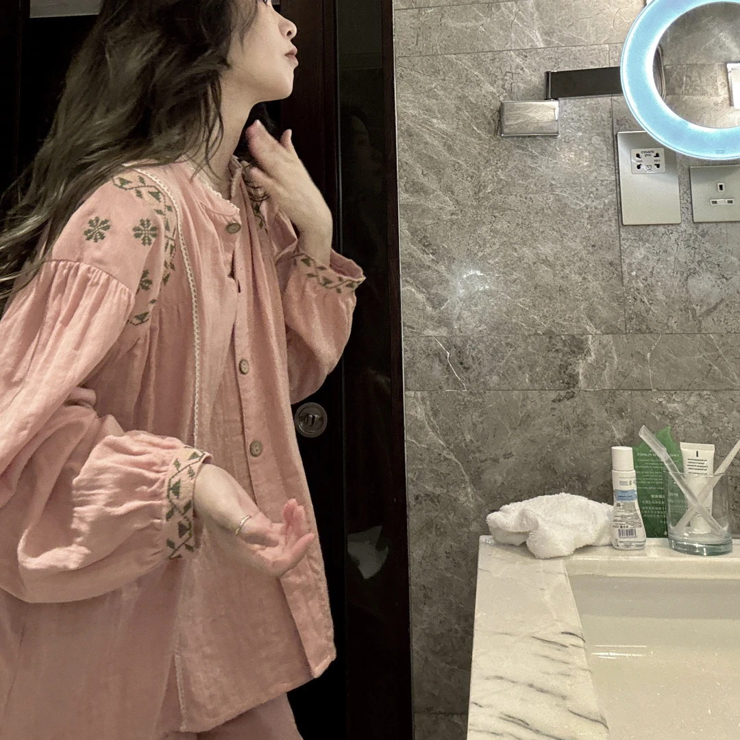 春秋睡衣女套装长袖长裤粉色纯棉纱布宽松刺绣透气复古大码家居服