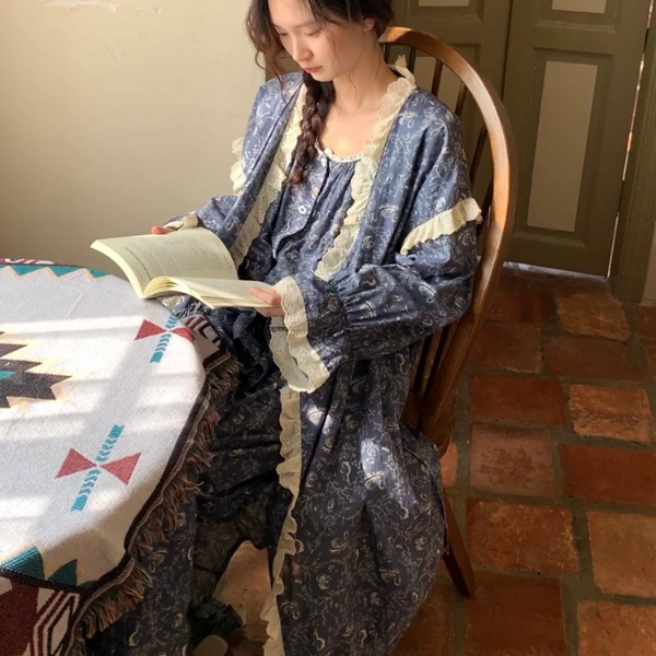 大梦春秋季冬睡袍浴袍晨袍女士纯棉长袖2024新款睡裙宽松大码蓝色