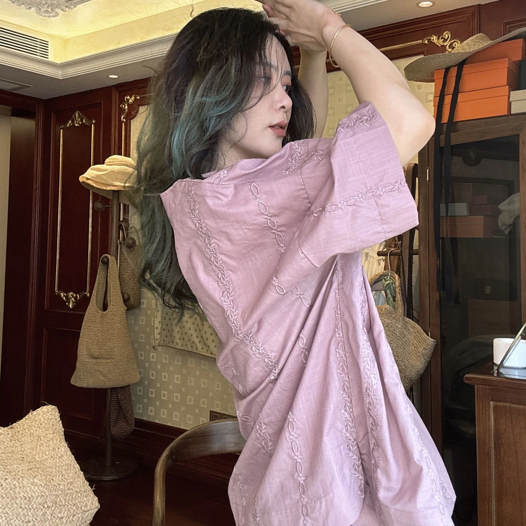 夏季2025新款纯棉睡衣女刺绣紫色薄款短袖长裤宽松大码套装家居服