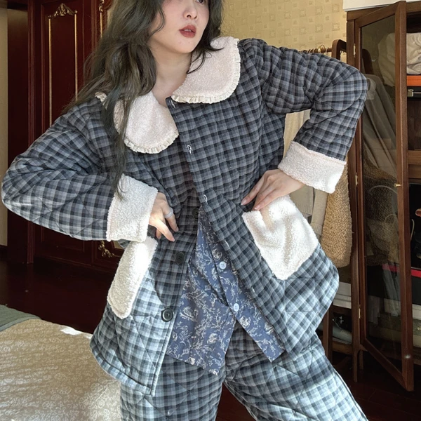 睡衣秋冬季女夹棉2024新款表层纯棉加绒加厚格子家居服套装可外穿