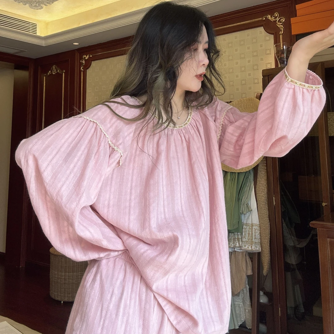 春秋季睡衣女士套装长袖长裤粉色梭织宽松蕾丝法式复古大码家居服