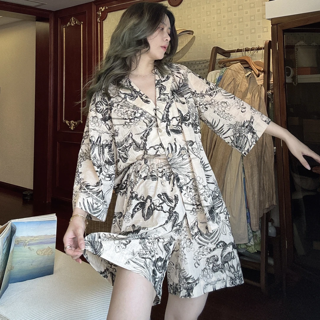 夏季睡衣女士法式碎花家居服中袖短裤衬衫套装竹节棉纯棉宽松薄款