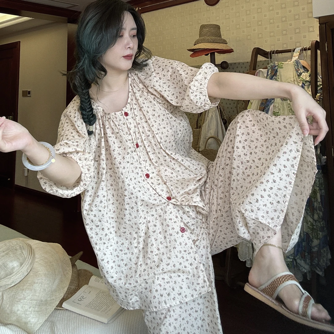 春夏新品梭织女宽松居家碎花复古家居服套装韩版夏季时尚圆领中袖