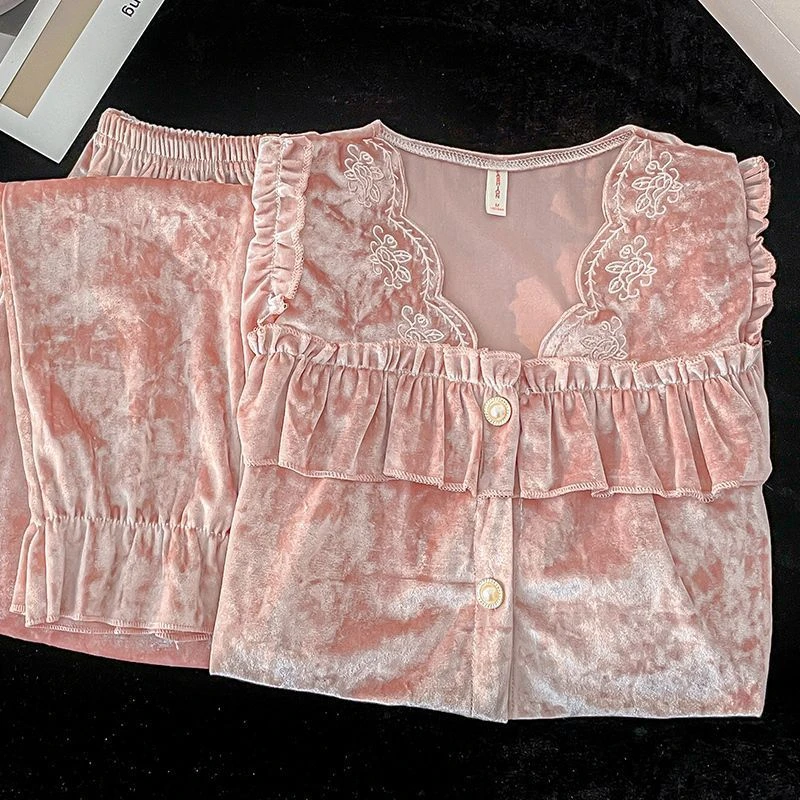 睡衣女秋冬季金丝绒长袖开衫2023年新款纯色高级感冬天大码家居服