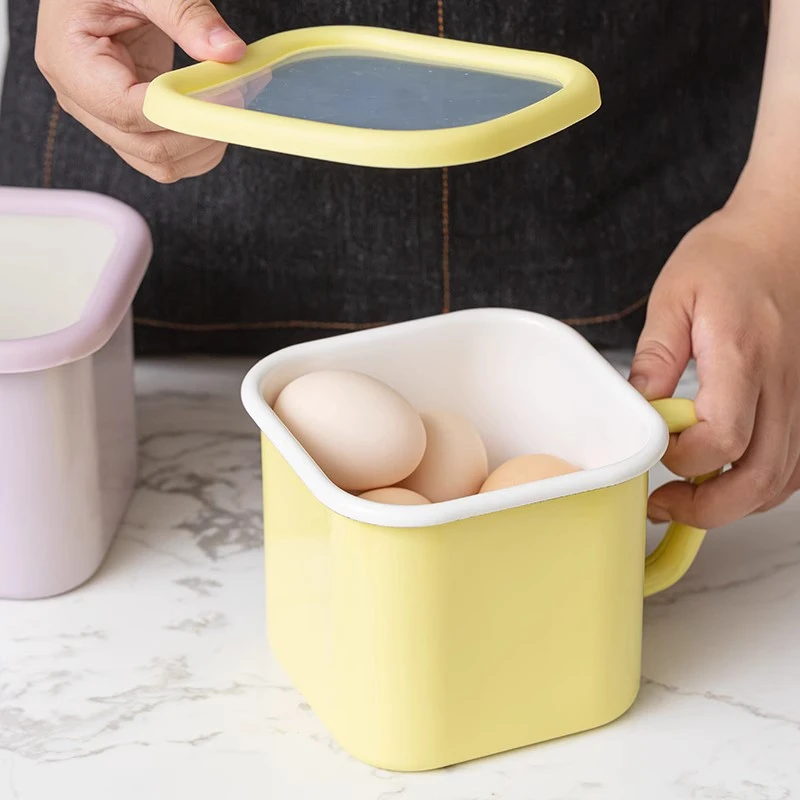 BOBAO 黄色 搪瓷方杯保鲜杯猪油杯甜品杯可明火烤箱加热