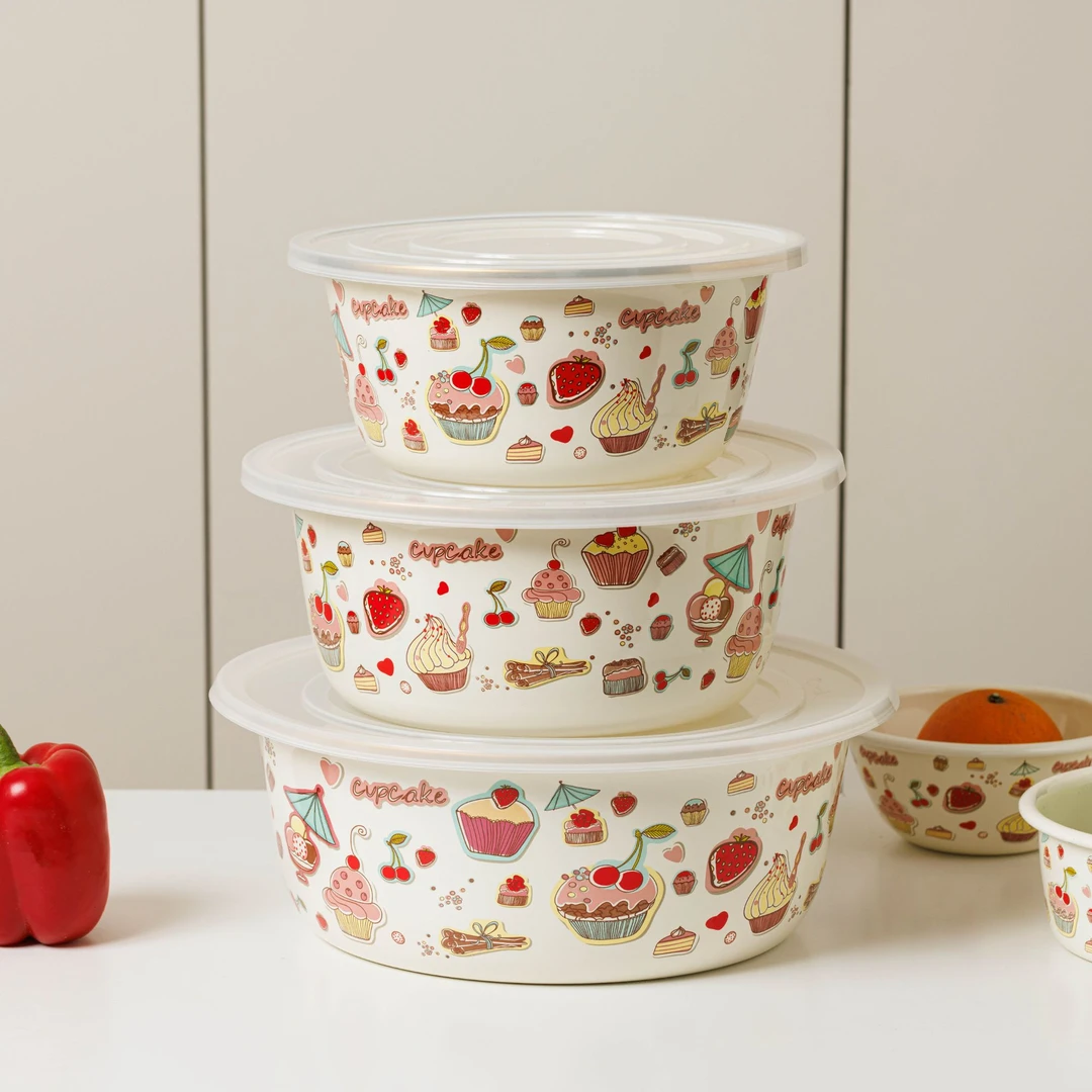 【设计师款】蛋糕花 24-28-32CM 珐琅高端搪瓷盆洗菜盆可加热(带盖)