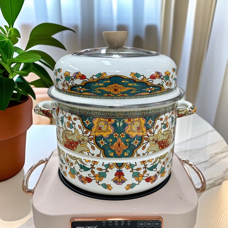 【颜值好物】26厘米 加厚双层珐琅蒸锅  俄罗斯花
