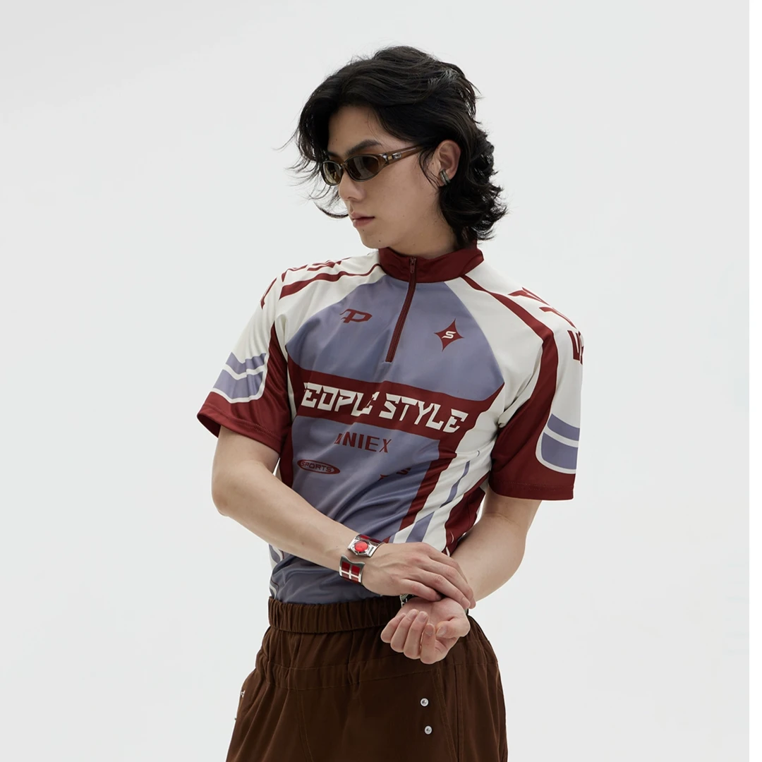 PEOPLESTYLE夏季骑行服元素撞色T恤弹力透气修身复古时尚宽松上衣