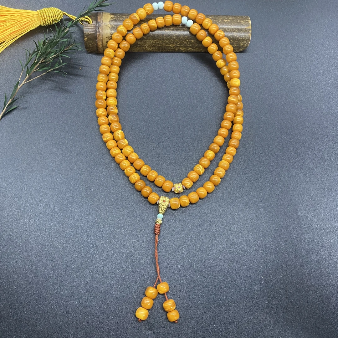 【景旺】【一柔祈祥】8mm+老花蜡老型108毛衣链黄色长链大蜜蜡手串