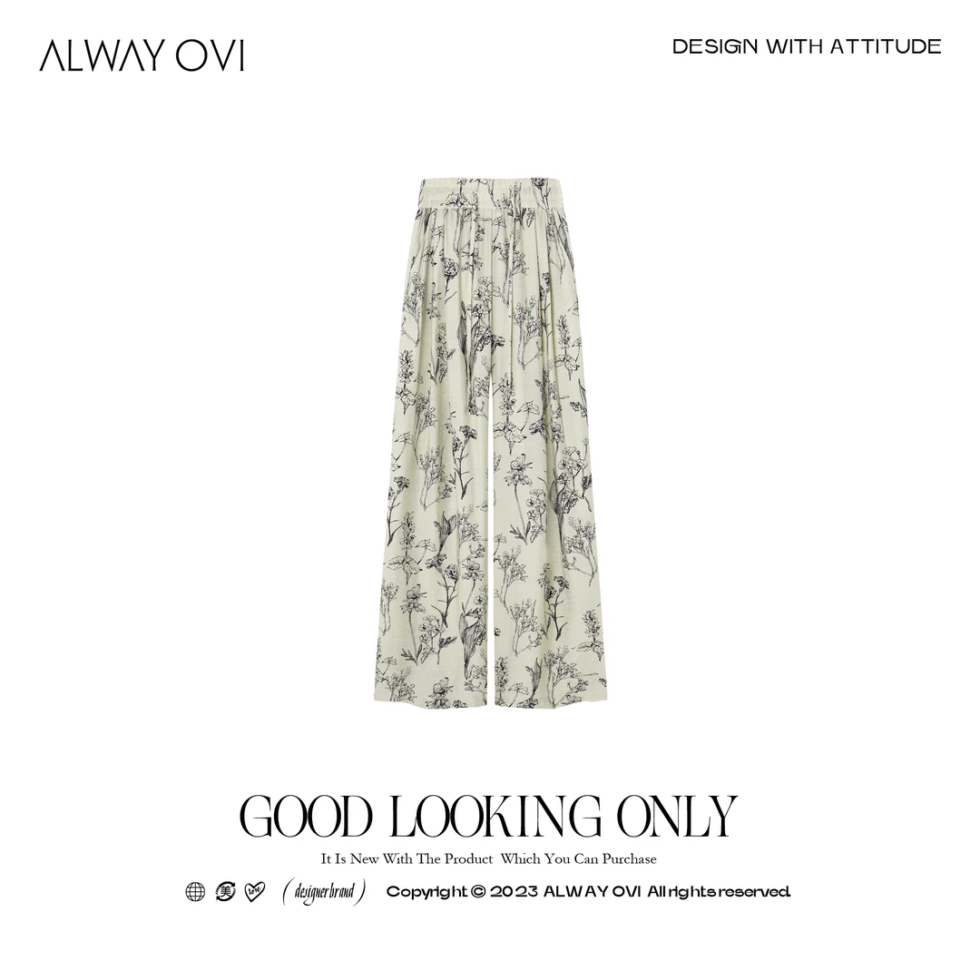 【ALWAY OVI】 高腰松紧抽绳水墨印花阔腿休闲长裤-K50223291