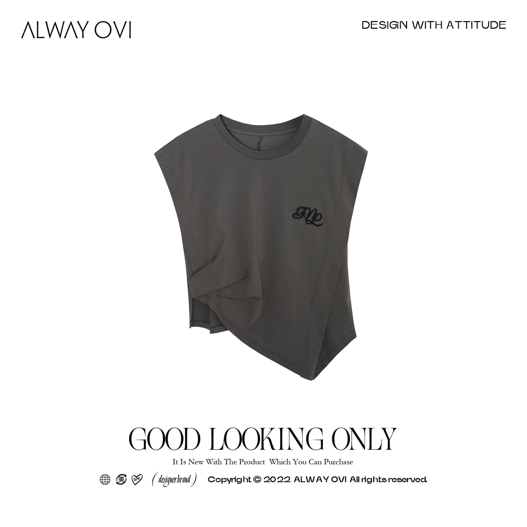 【ALWAY OVI】圆领刺绣坎肩不规则宽松休闲背心-S6001002