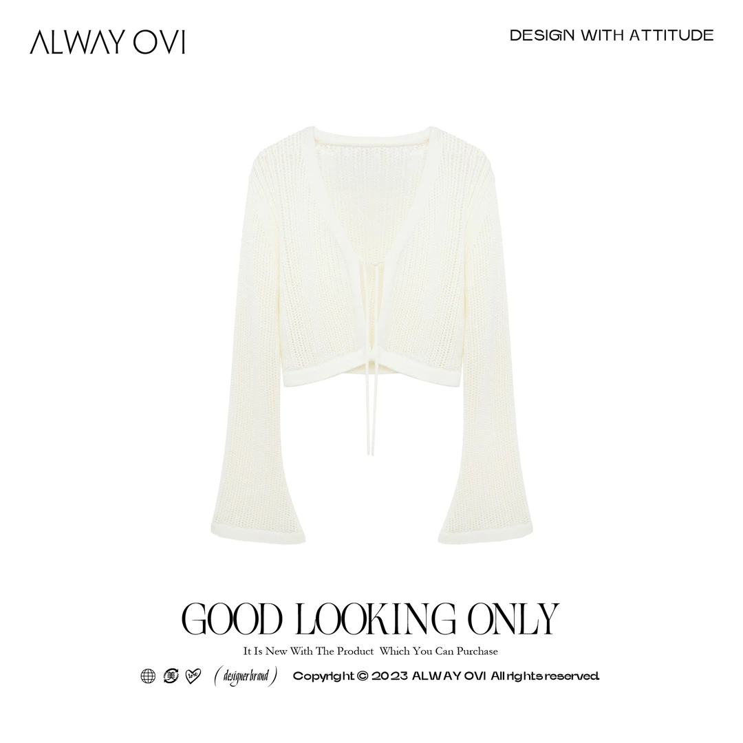 【ALWAY OVI 】喇叭袖V领绑带高腰显瘦针织开衫-S30103053