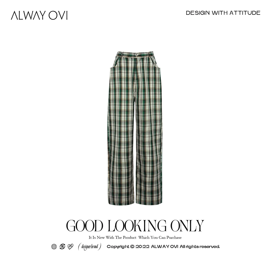 【ALWAY OVI】 高腰显瘦宽松格子印花直筒阔腿休闲长裤-K301285351