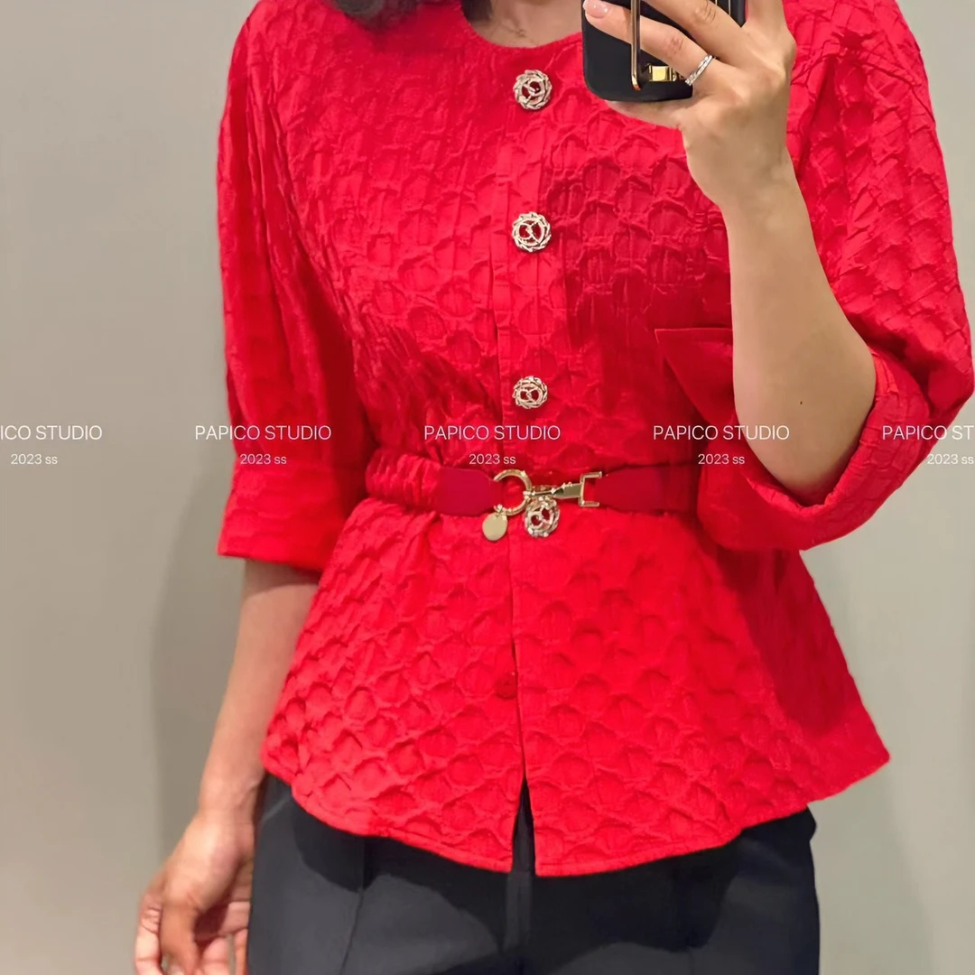 韩国高端女装 财阀千金风百搭收腰红色