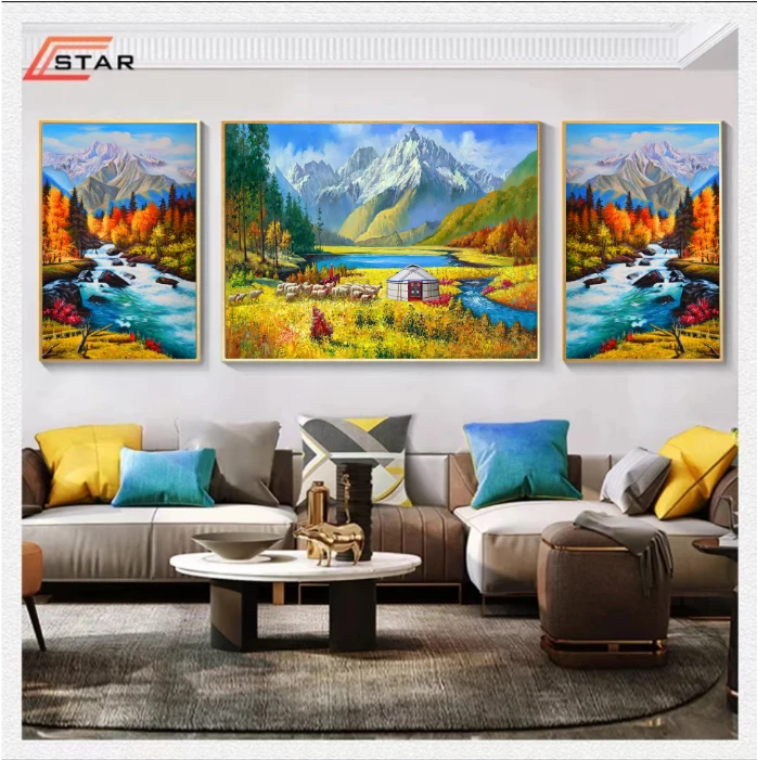 (全疆包邮）【星程】现代简约天山山水风景晶瓷三联画民族风特色客厅