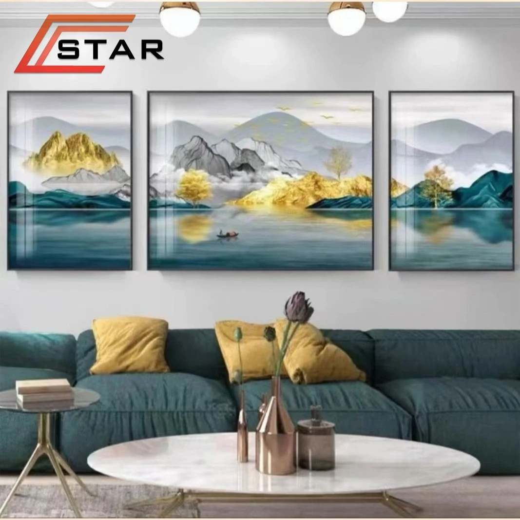 (全疆包邮）【星程】现代轻奢客厅新中式山水晶瓷高档三联画富水金山
