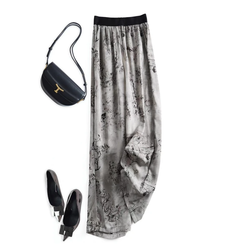 水墨画扎染雪纺凉凉裤女2024夏季薄款松紧垂坠直筒休闲阔腿裤长裤